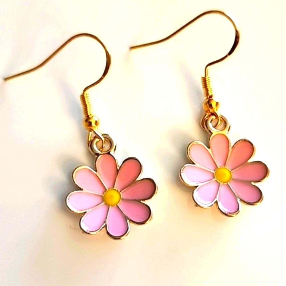 BOHEMIAN Flower Disc  earrings  Pink Enamal EG